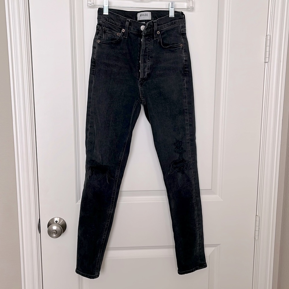 AGOLDE Nico High Rise Slim Fit Button Fly Distressed Cassette Grey Black 23